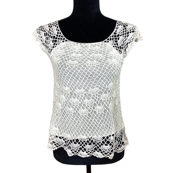 CROCHET HANDKNIT TRENDY IVORY SILK COTTON TOP - Picture 1 of 5